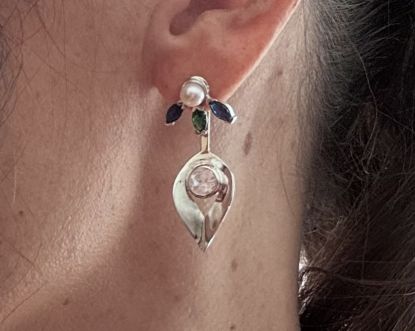 Imagen de Caravanas Doble Uso en Plata 925 con Perlas y Cuarzo Rosa