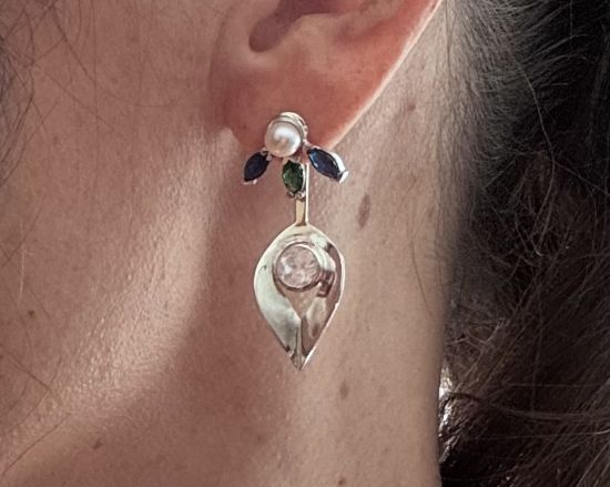 Imagen de Caravanas Doble Uso en Plata 925 con Perlas y Cuarzo Rosa